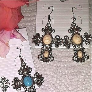 Silver Cross Earrings IVORY  semi-precious stone crackle beads on ss ear wires